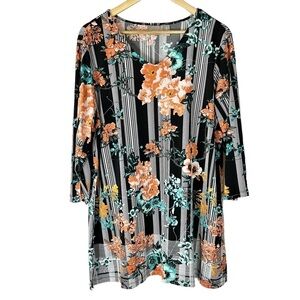 Chico’s Black Stripe Coral Floral Business Casual Tunic Shirt